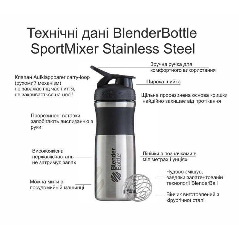 Спортивная бутылка-шейкер BlenderBottle SportMixer Stainless Steel Black 820мл (из нержавеющей пищевой cтали) фото товару