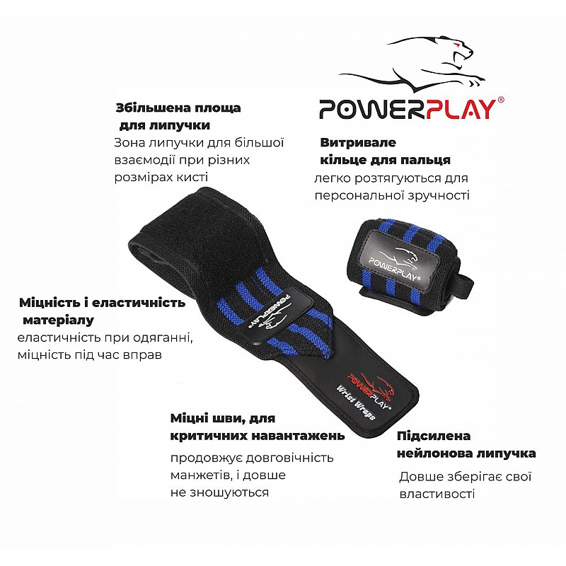 Бинты для запястий PowerPlay 3082 Черно-Синие Level 2 фото товара