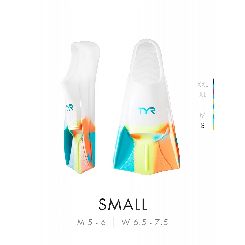 Ласти короткі TYR Stryker Silicone Fins, Orange/Teal/Yellow/Clear, S, Orange/Teal/Yellow/Clear
