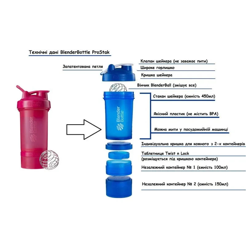 Шейкер спортивный BlenderBottle ProStak с шариком 650 мл красный фото товару