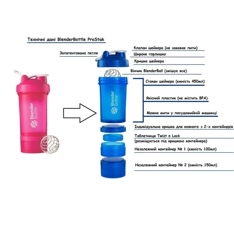 Шейкер спортивный BlenderBottle ProStak с шариком 650 мл Розовый фото товару
