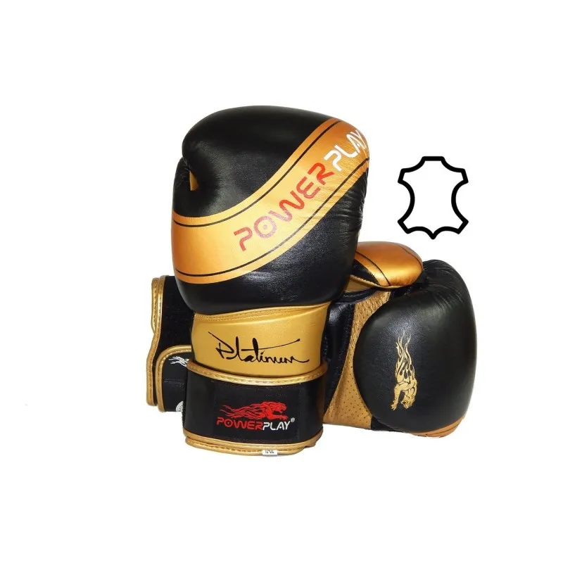 Боксерські рукавиці PowerPlay 3023 Чорно-Золоті [натуральна шкіра] 10 унцій фото товару