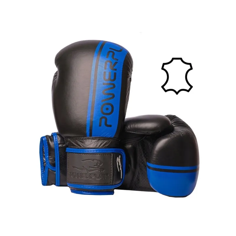 Боксерські рукавиці PowerPlay 3022 Чорно-Сині [натуральна шкіра] 12 унцій фото товара