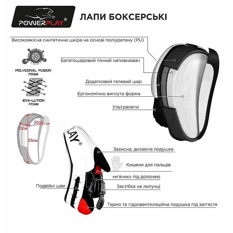 Лапи боксерські PowerPlay 3050 Чорно-Cірі PU [пара] фото товара
