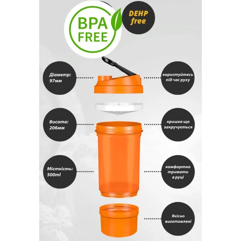 Шейкер спортивний Shake360 500ml з контейнером Black фото товару