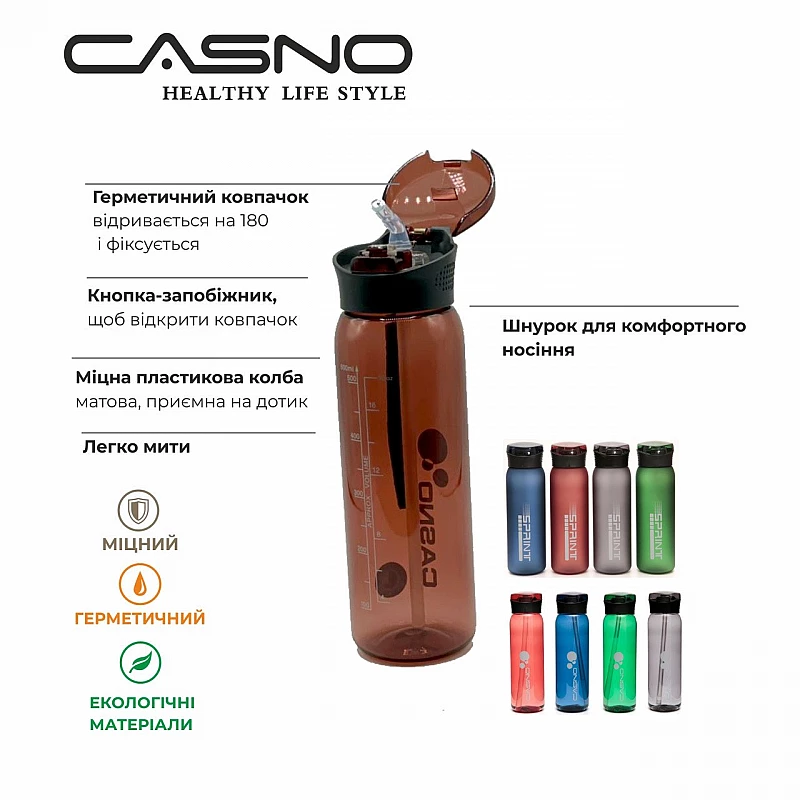 Пляшка для води CASNO 600 мл KXN-1211 Червона з соломинкою фото товару