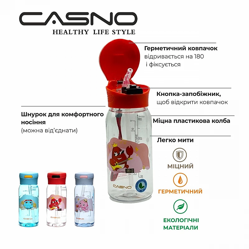 Пляшка для води CASNO 400 мл KXN-1195 Червона (краб) з соломинкою фото товару