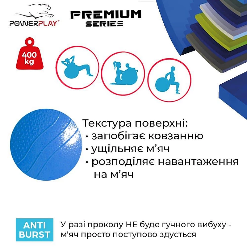 Мяч для фітнесу укріплений PowerPlay 4000 Premium 65см Синій + насос фото товару