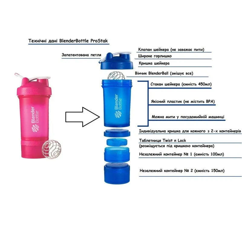 Шейкер спортивный BlenderBottle ProStak с шариком 650 мл Розовый