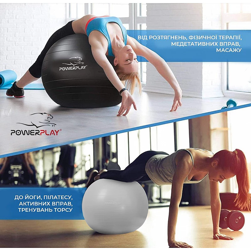 М'яч для фітнесу PowerPlay 4001 65см Сірий + насос