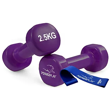 Гантелі вінілові PowerPlay 4125 Achilles 2*2.5 кг. Фіолетові (пара - 2шт.) + Резинка для фітнесу 7,5кг