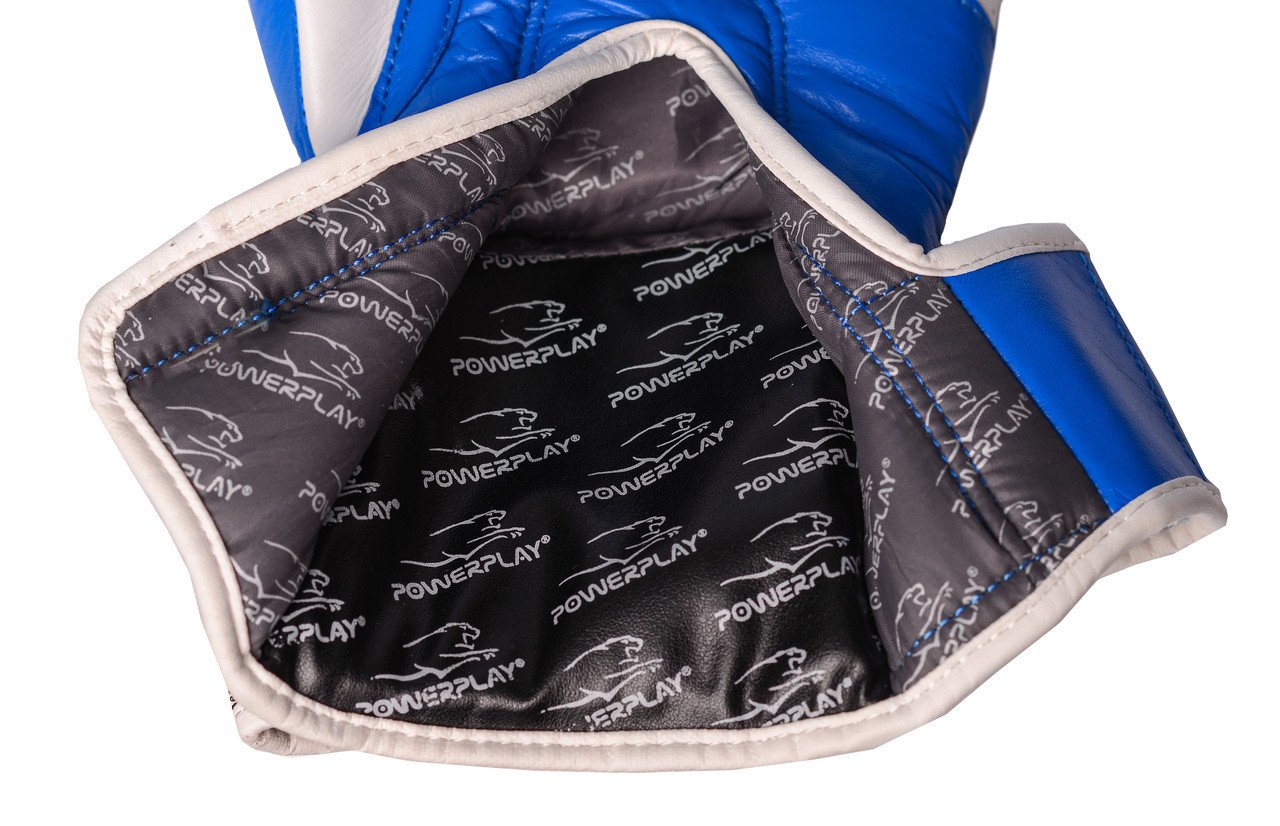 Боксерські рукавиці PowerPlay 3023 A Синьо-Білі [натуральна шкіра] 12 унцій фото товару