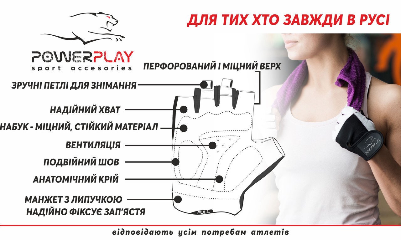 Рукавички для фітнесу PowerPlay 1750 жіночі Чорно-Розовий S фото товару