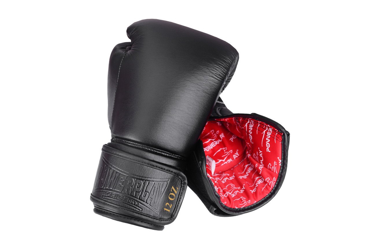 Боксерські рукавиці PowerPlay 3014 Чорні [натуральна шкіра] 12 унцій фото товару