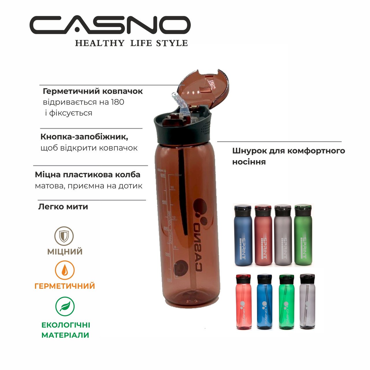 Пляшка для води CASNO 600 мл KXN-1211 Синя з соломинкою фото товару