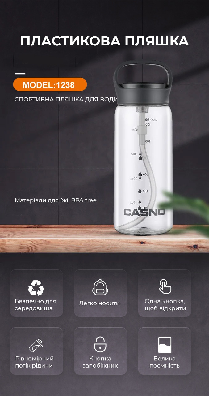 Бутылка для воды CASNO 1500 мл KXN-1238 Серая