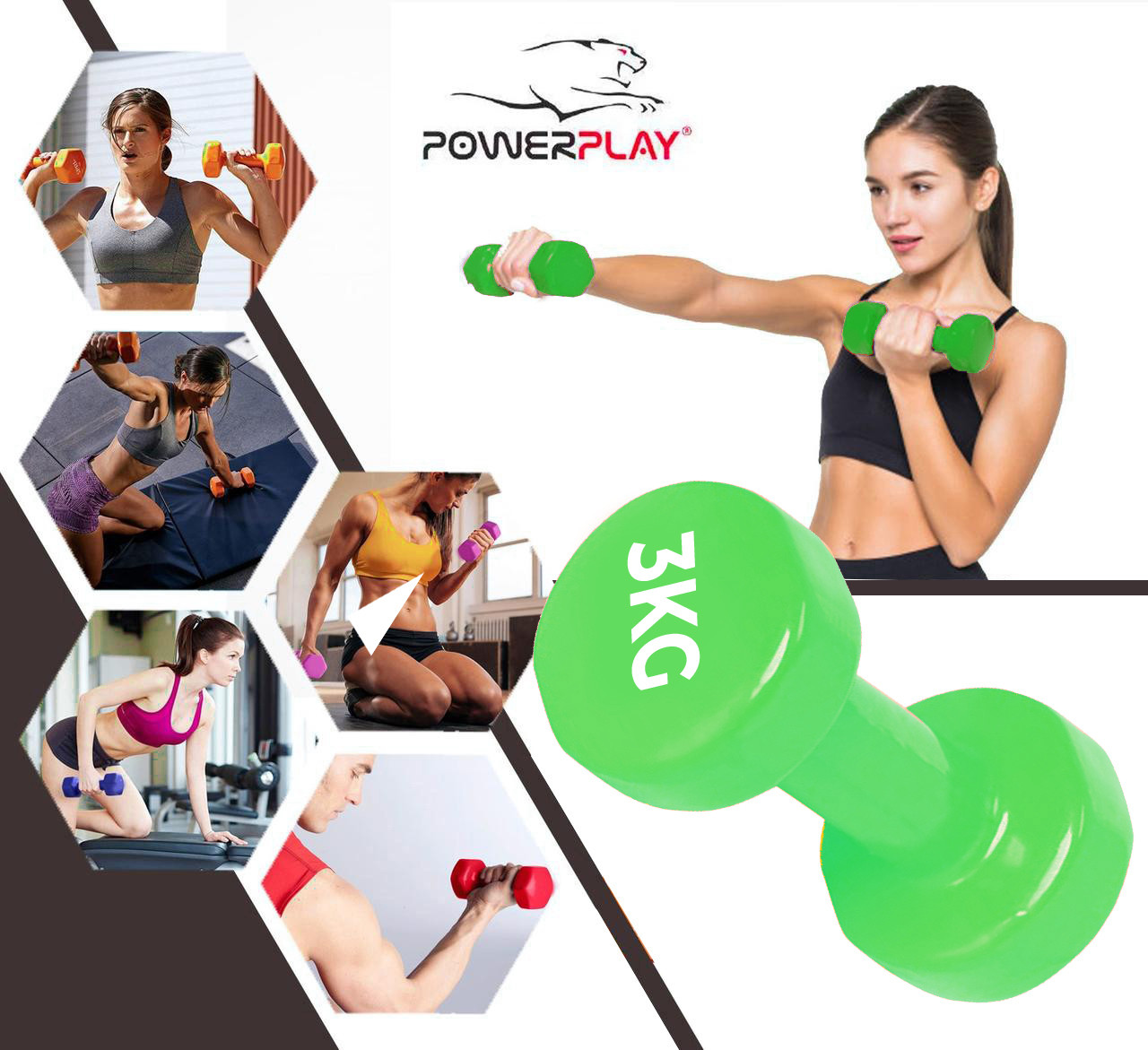 Гантель PowerPlay 4125 вінілова 3 кг Зелена