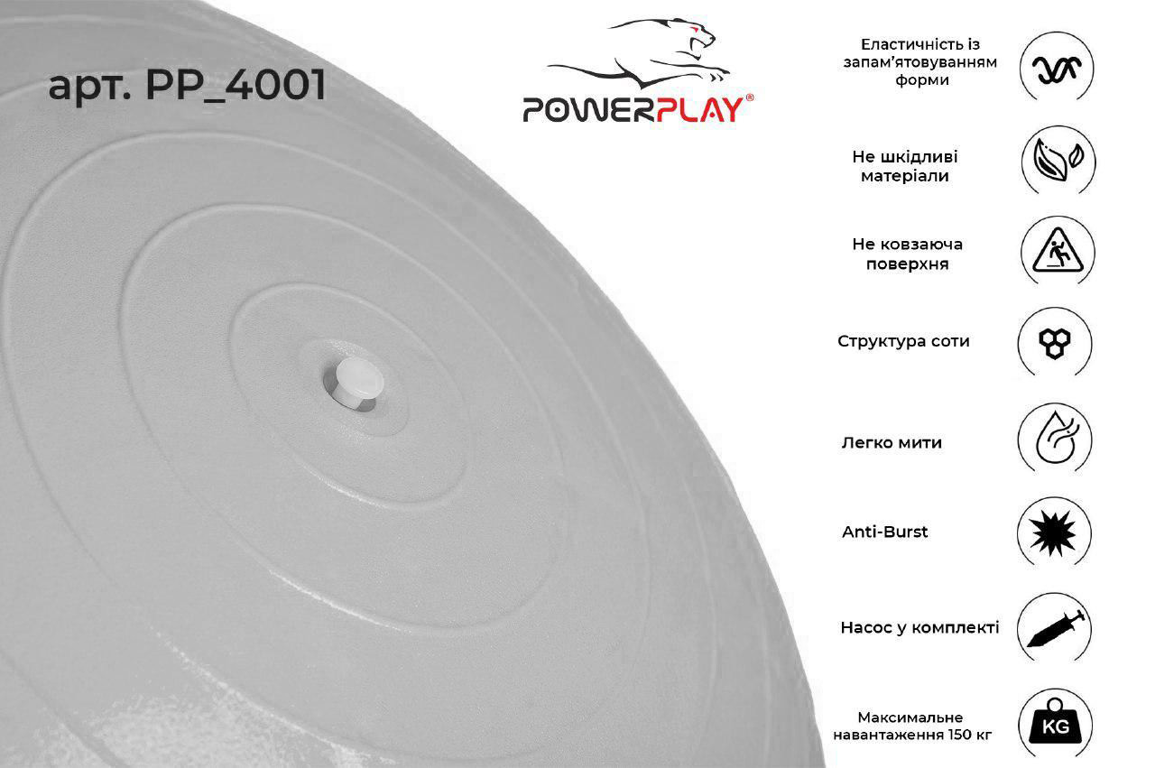М'яч для фітнесу PowerPlay 4001 65см Сірий + насос