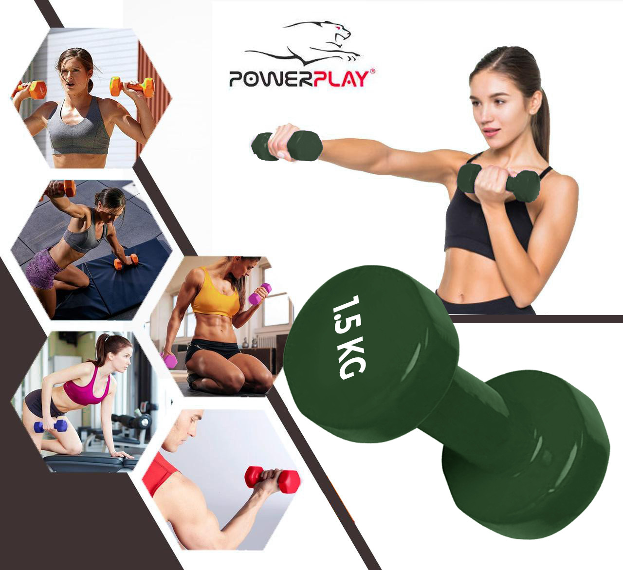 Гантель PowerPlay 4125 виниловая 1.5 кг Зеленая