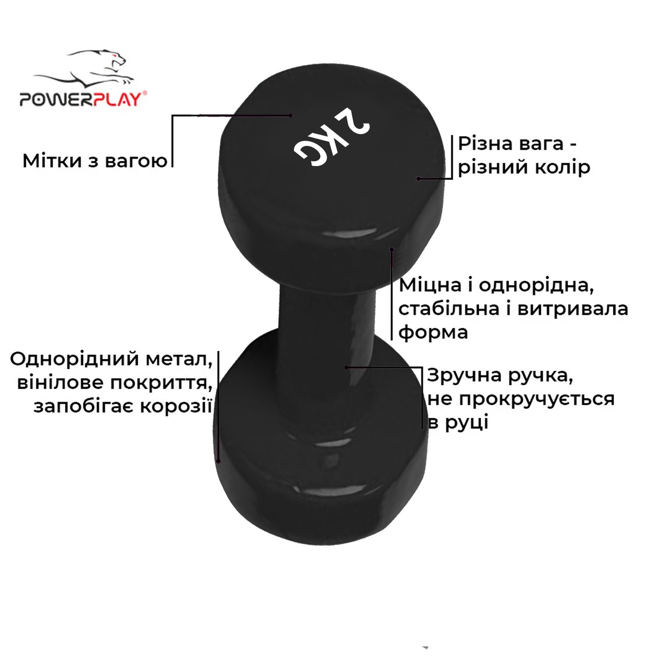 Гантель PowerPlay 4125 виниловая 2 кг Черная
